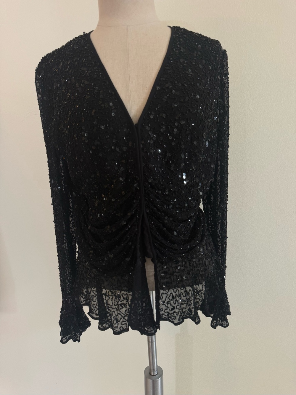 MARINA Black Sequin V-Neck Ruched Long-Sleeve Top